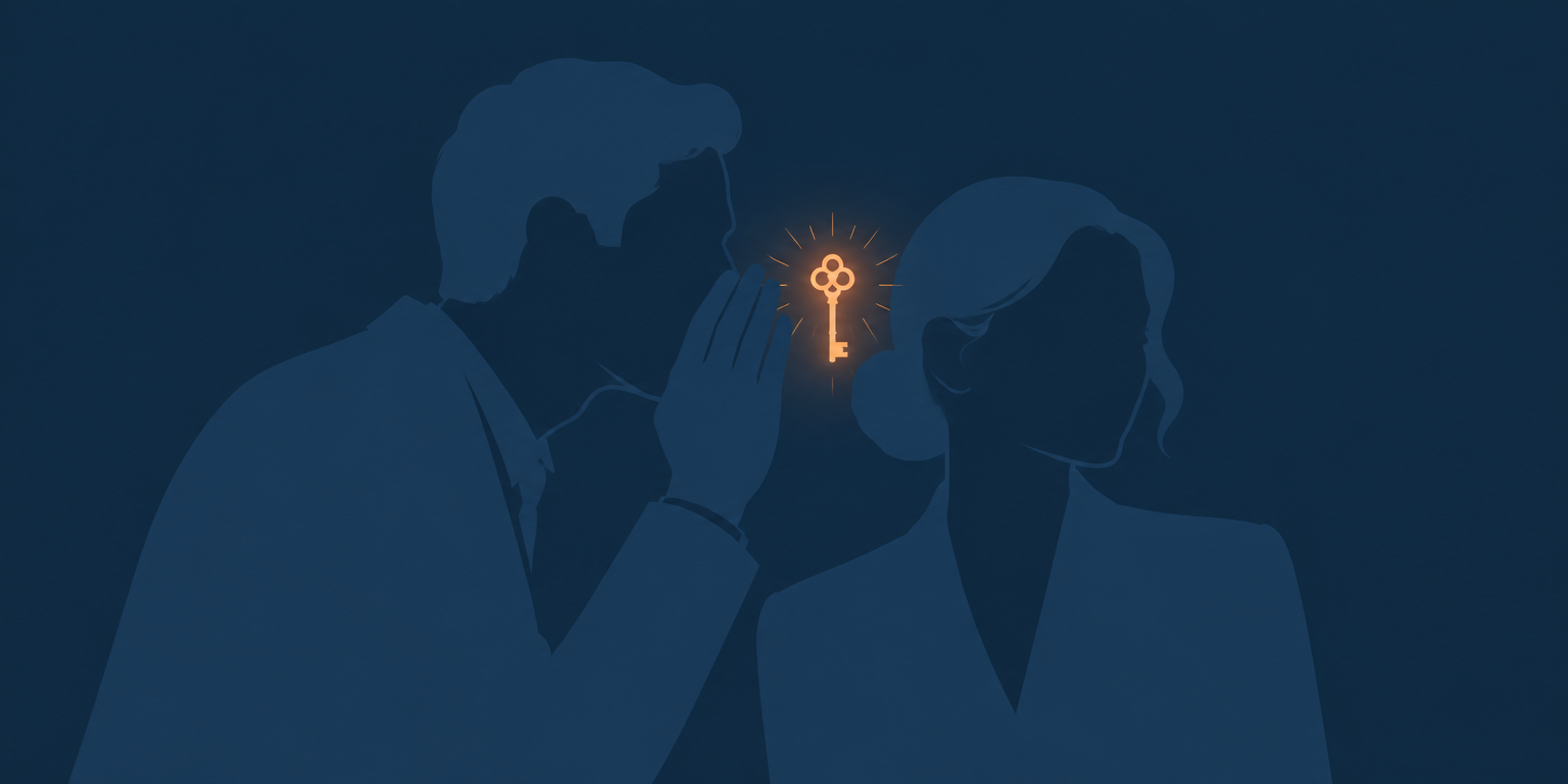Un Éclaireur soufflant une information précieuse à une autre personne, une clé cuivrée lumineuse entre eux