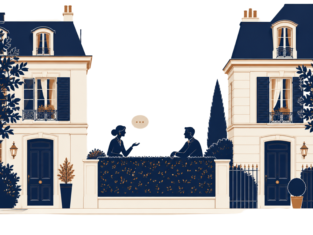 Deux voisins discutant entre leurs maisons